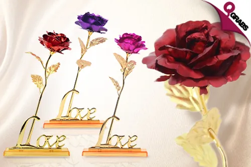 For QR119 Give a Flower that Lasts with Multicolored 24K Gold Foil Roses with a "LOVE" Stand - Choose from Red, Purple OR Pink! (QR281 Value)